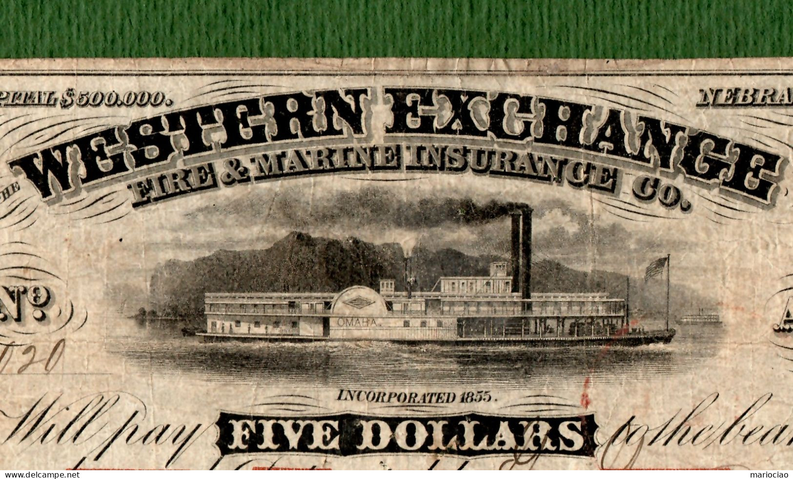 USA Note Western Exchange $5 Omaha City, NEBRASKA 1856 N.6020 ISSUED !!! - Altri & Non Classificati