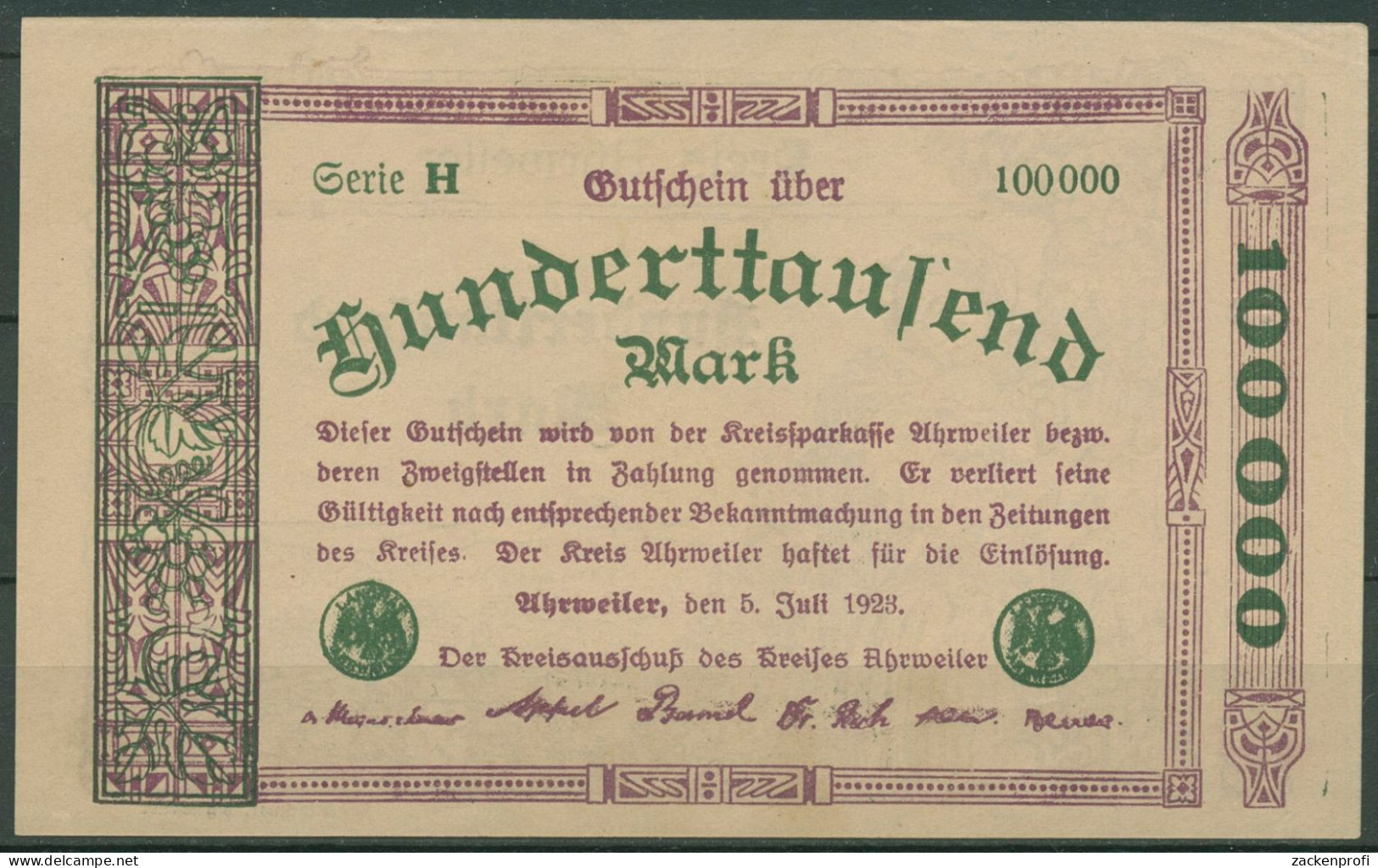 Ahrweiler 100000 Mark 1923, Keller 28 A.25, Leicht Gebraucht (K1654) - Sonstige & Ohne Zuordnung