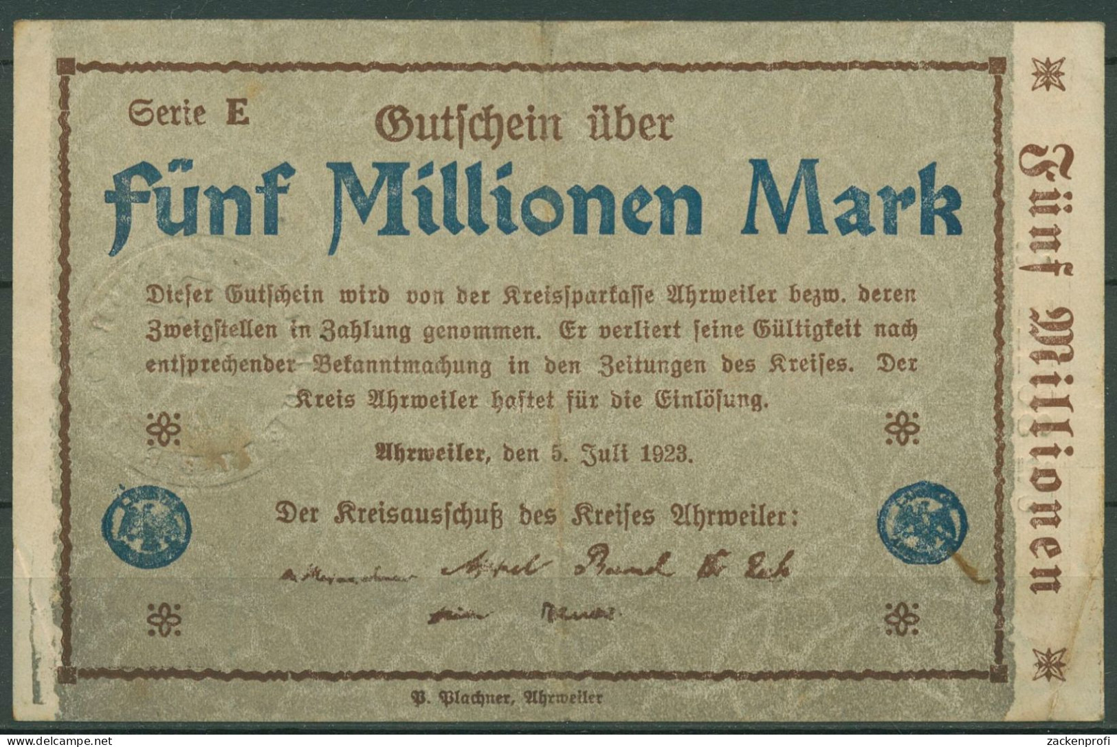 Ahrweiler 5 Millionen Mark 1923, Keller 28 A.44, Gebraucht (K1650) - Altri & Non Classificati