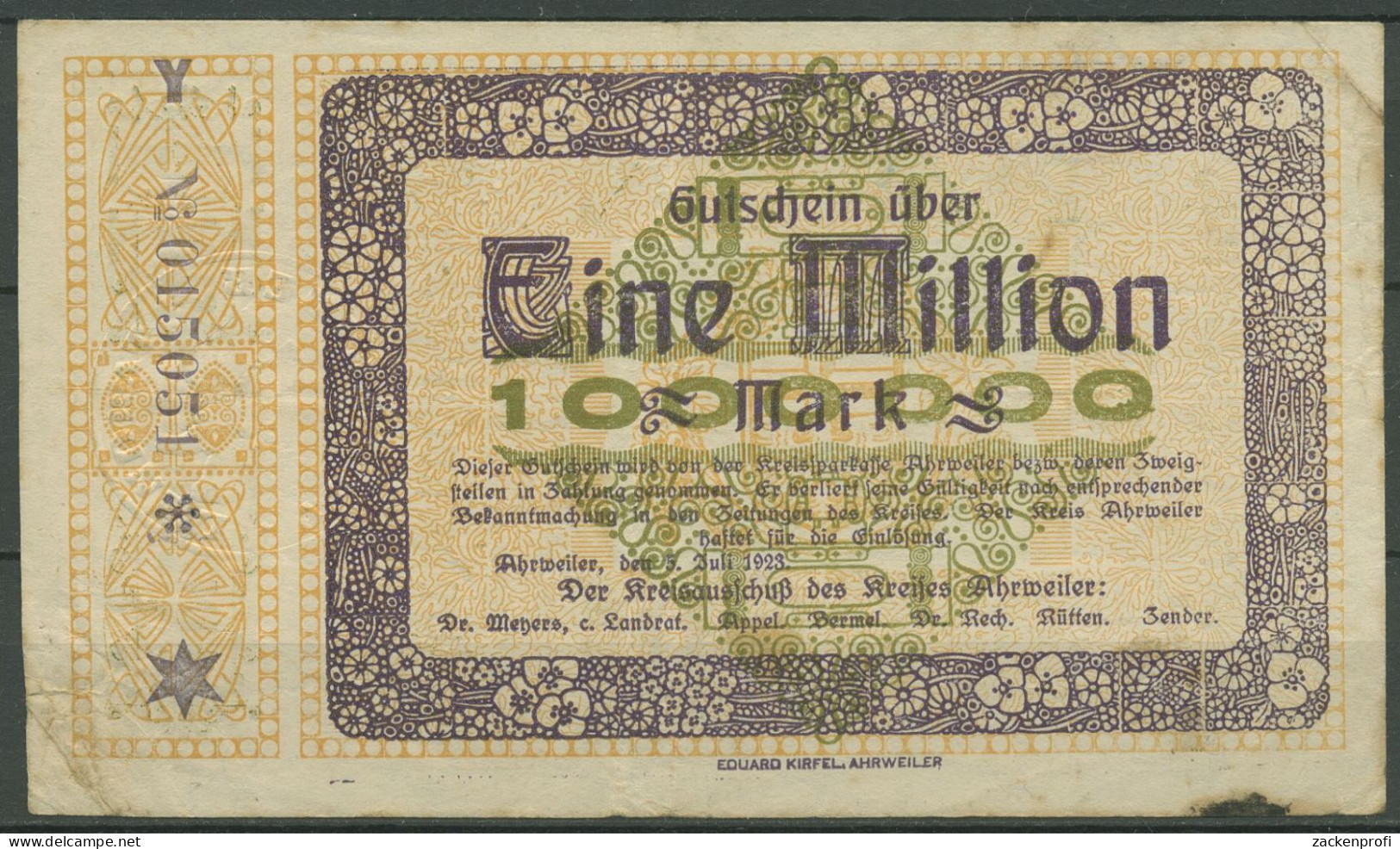 Ahrweiler 1 Million Mark 1923, Keller 28 A.39, Gebraucht (K1651) - Autres & Non Classés