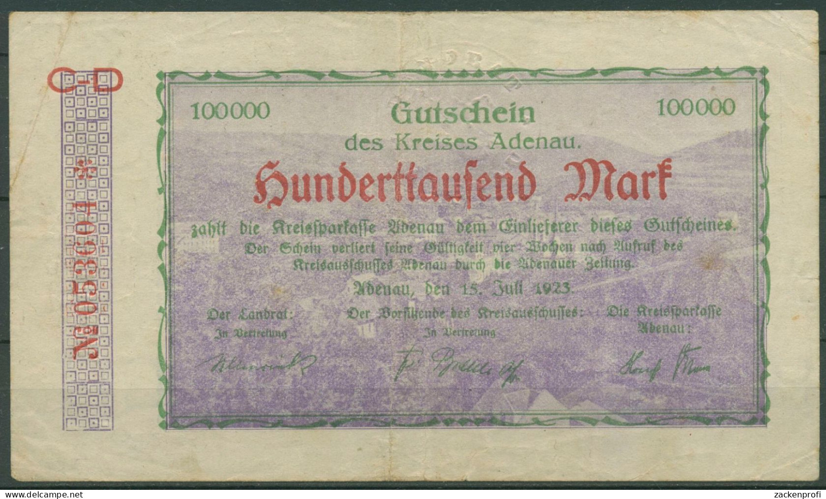 Adenau 100000 Mark 1923, Keller 13 A, Gebraucht (K1656) - Sonstige & Ohne Zuordnung