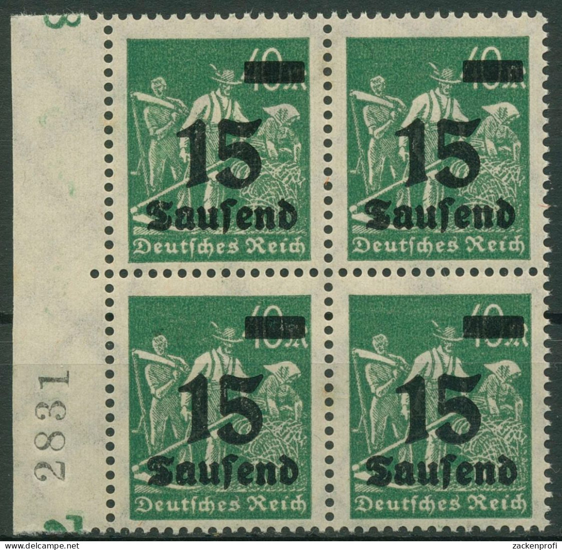 Dt. Reich 1923 Mit Aufdruck Walze Bogenzähl-Nr. 279 B 4er-Bl. Bg.-Nr. Postfrisch - Neufs
