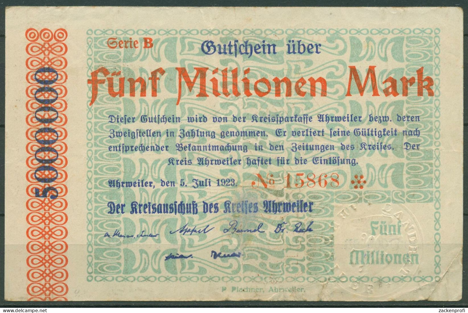 Ahrweiler 5 Millionen Mark 1923, Keller 28 A.43, Gebraucht (K1649) - Autres & Non Classés