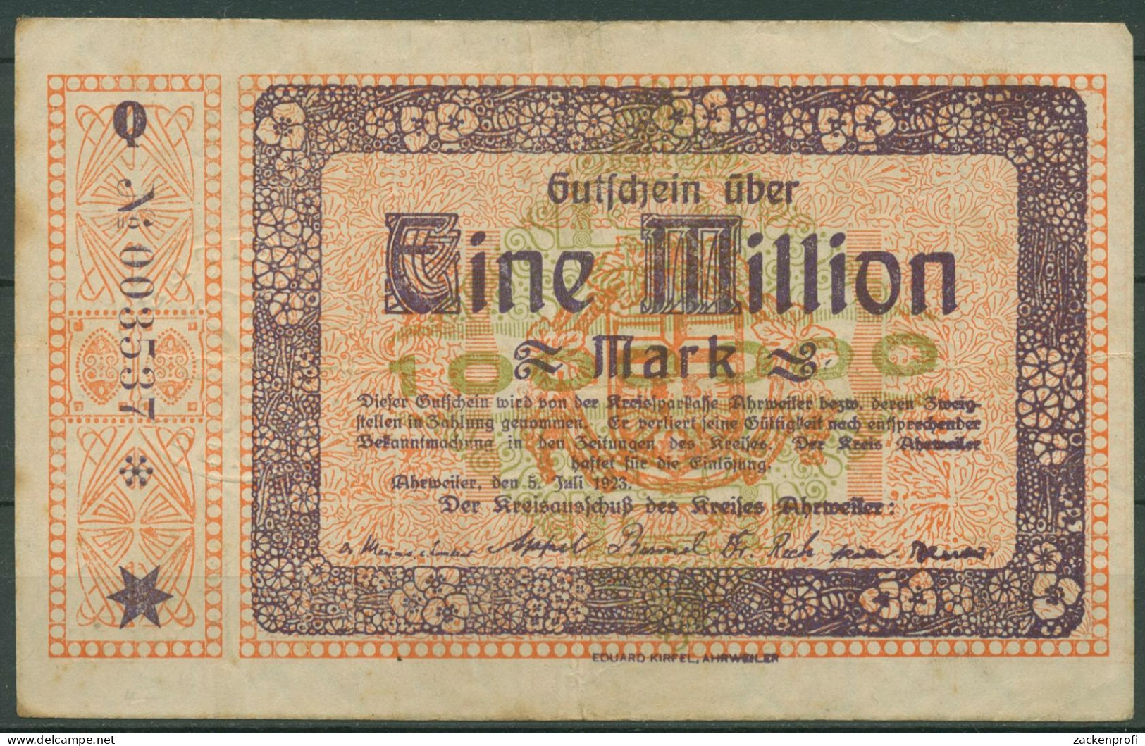 Ahrweiler 1 Million Mark 1923, Keller 28 A.40, Gebraucht (K1652) - Sonstige & Ohne Zuordnung