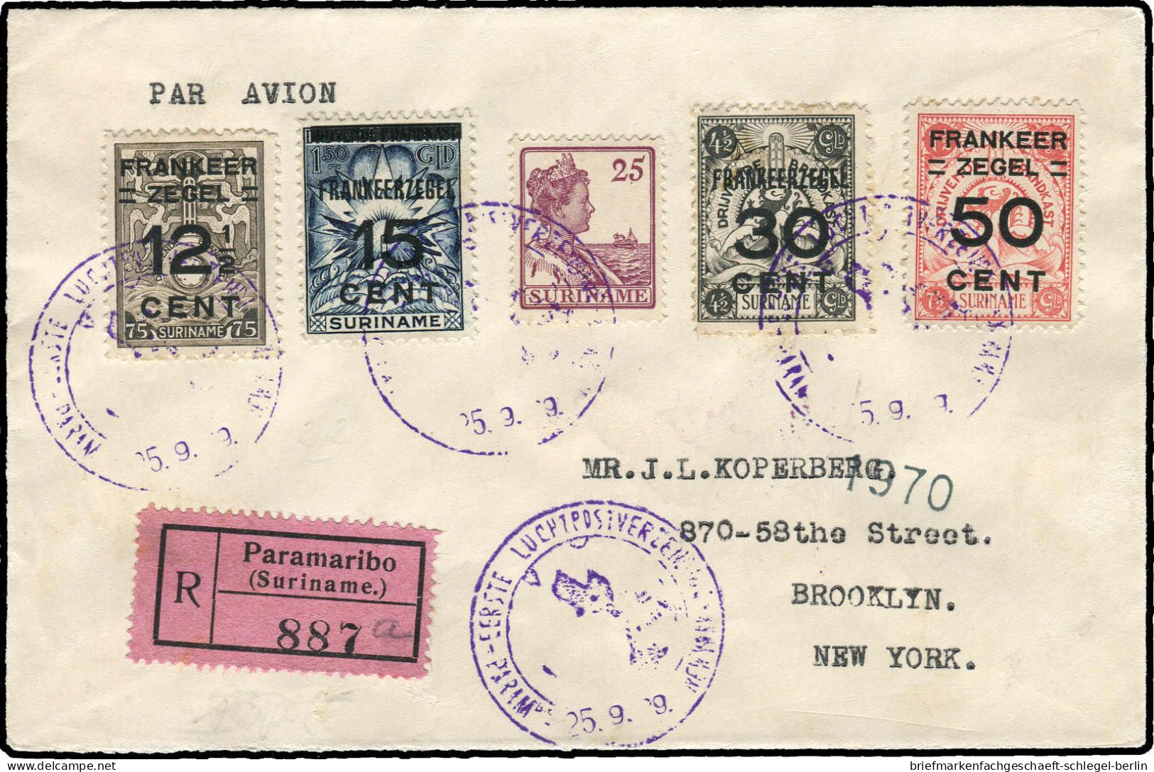 Surinam, 1929, 102, 138,139,141,142, Brief - Surinam