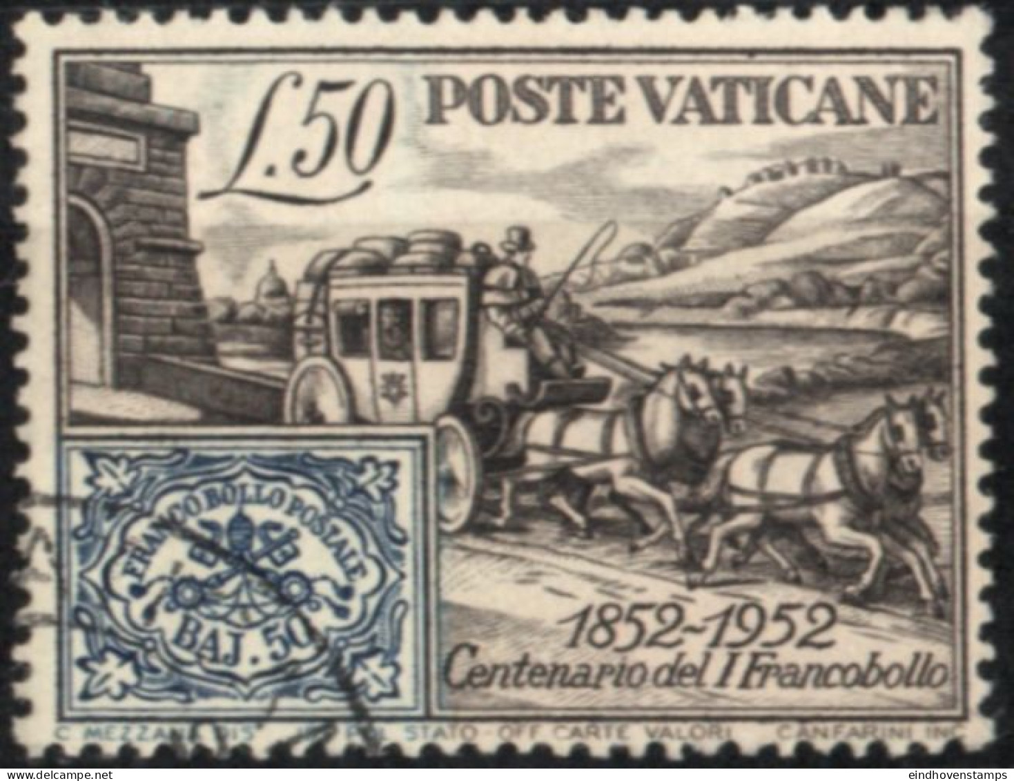 Vatican 1952 100 Year Vatican Stamps 1 Value Cancelled Horse Drawn Mail Coach - Ongebruikt