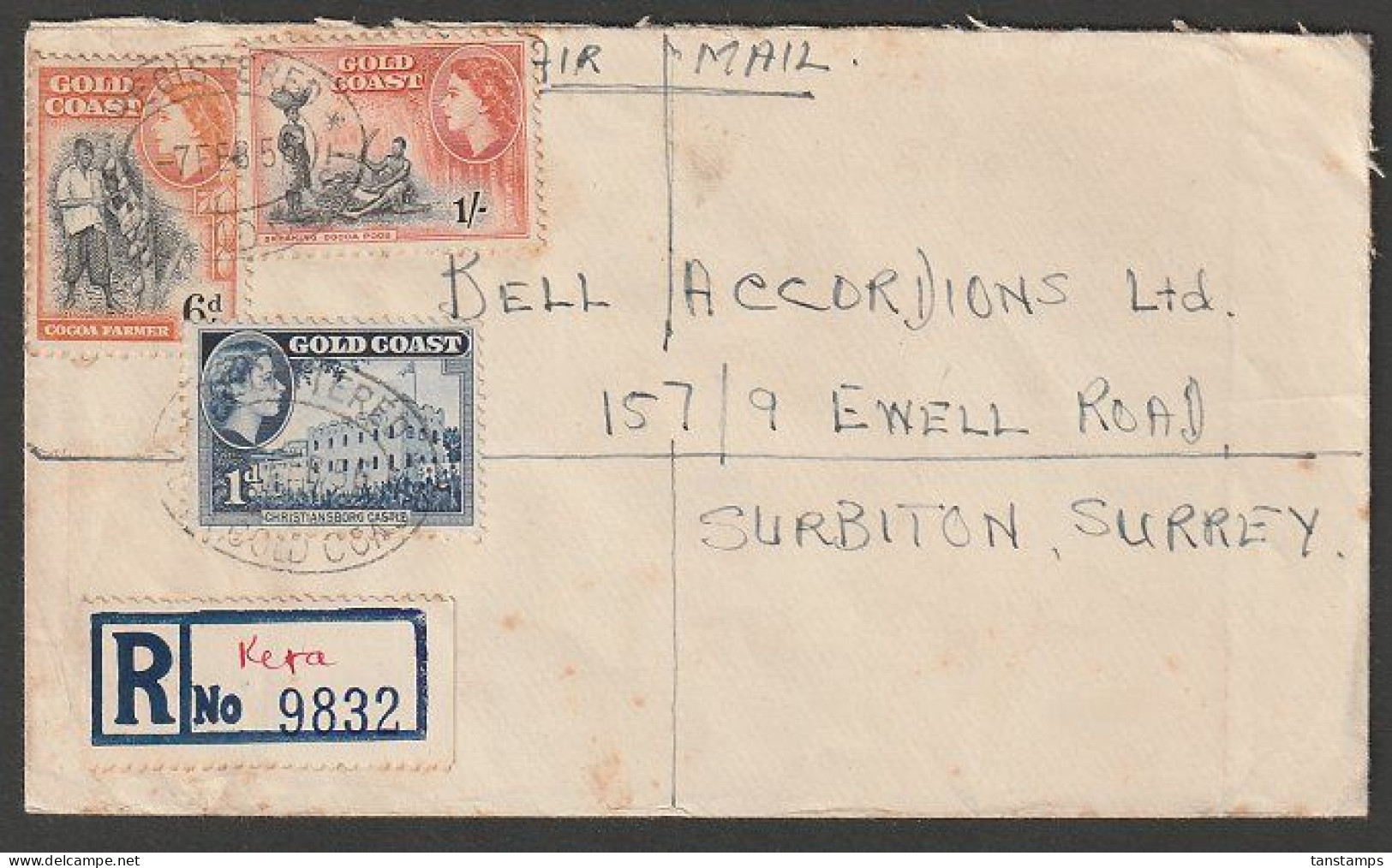 GOLD COAST - ENGLAND QEII 1/7 REGISTERED AIRMAIL RATE - Costa D'Oro (...-1957)