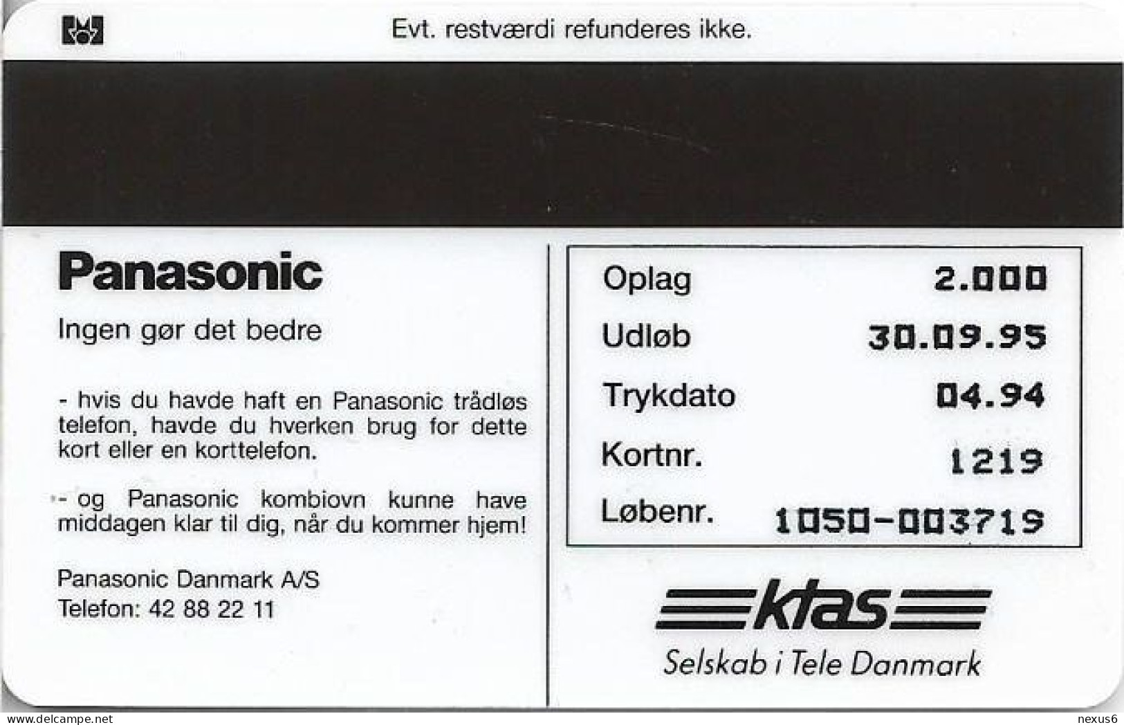 Denmark - KTAS - Panasonic TV - TDKP080 - 04.1994, 2.000ex, 20kr, Used - Dänemark