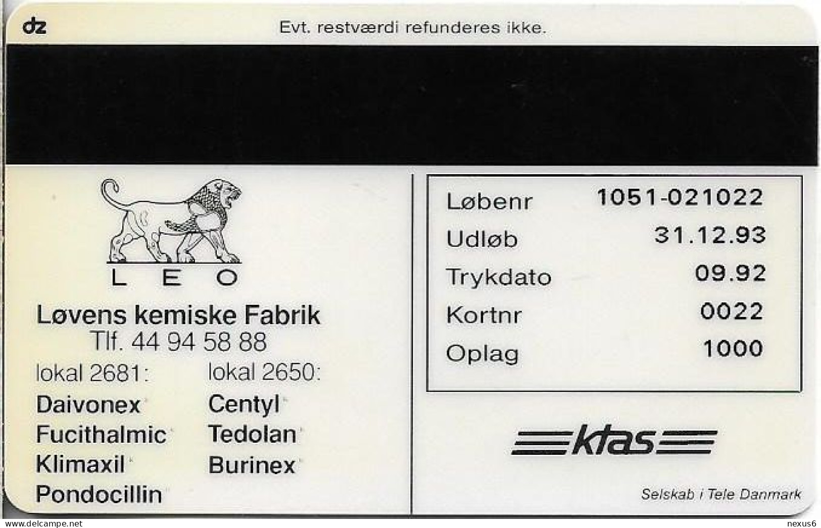 Denmark - KTAS - Medical Card, Pondocillin - TDKP006 - 09.1992, 20kr, 1.000ex, Used - Dänemark