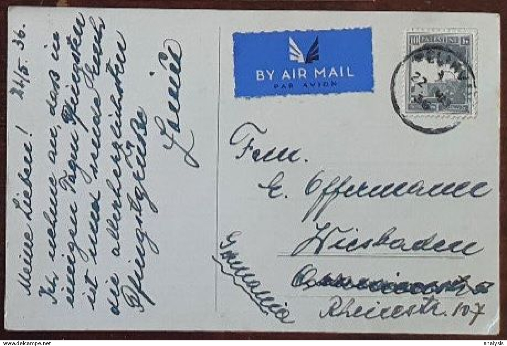 Palestine Tel-Aviv Airmail Postcard Mailed To Germany 1936. 10M Rate. Pentecost Greetings - Palestine