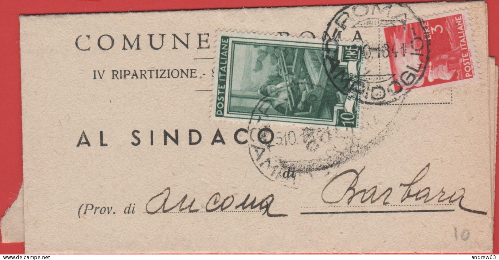 ITALIA - Storia Postale Repubblica - 1952 - 10 Italia Al Lavoro + 3 Democratica - Corrispondenza Tra Sindaci - Comune - - 1946-60: Poststempel