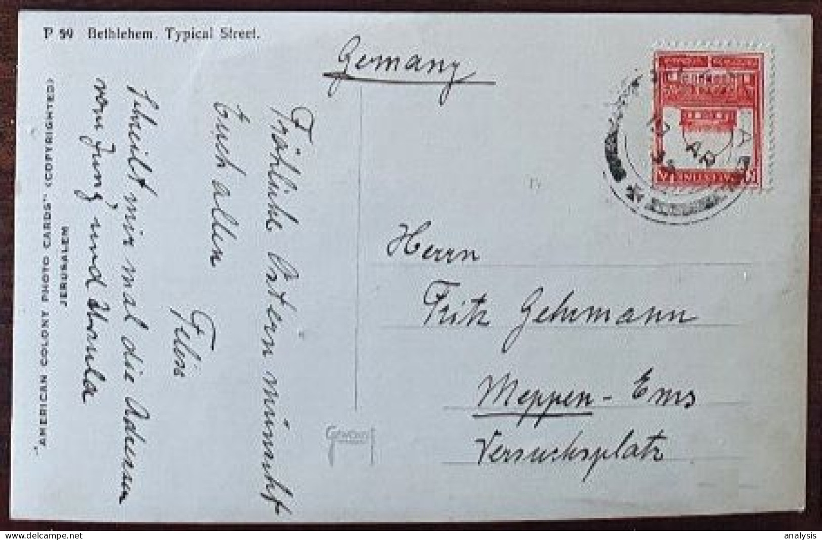 Palestine Haifa Postmarked Postcard Mailed To Germany 1935. 8M Rate. Bethlehem View - Palestina