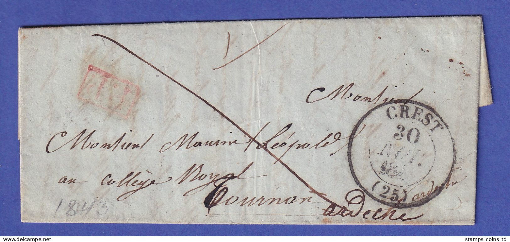 Frankreich Vorphila-Brief Mit Zweikreis-O CREST Nach Tournon 1843 - Autres - Europe
