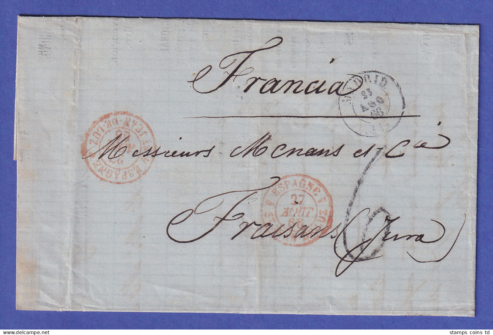 Spanien Brief Mit Zweikreis-O MADRID Und Beförderungs-O Nach Fraisans 1866 - Sonstige - Europa