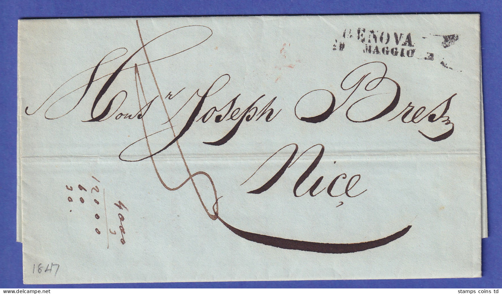 Italien Vorphila-Brief Mit Zweizeiler GENOVA Gelaufen Nach Nizza 1847 - Autres - Europe