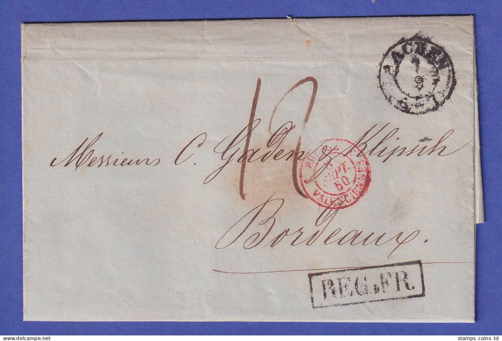 Vorphila-Brief Mit Zweikreis-O AACHEN Und Beförderungs-O Nach Bordeaux 1850 - Autres & Non Classés