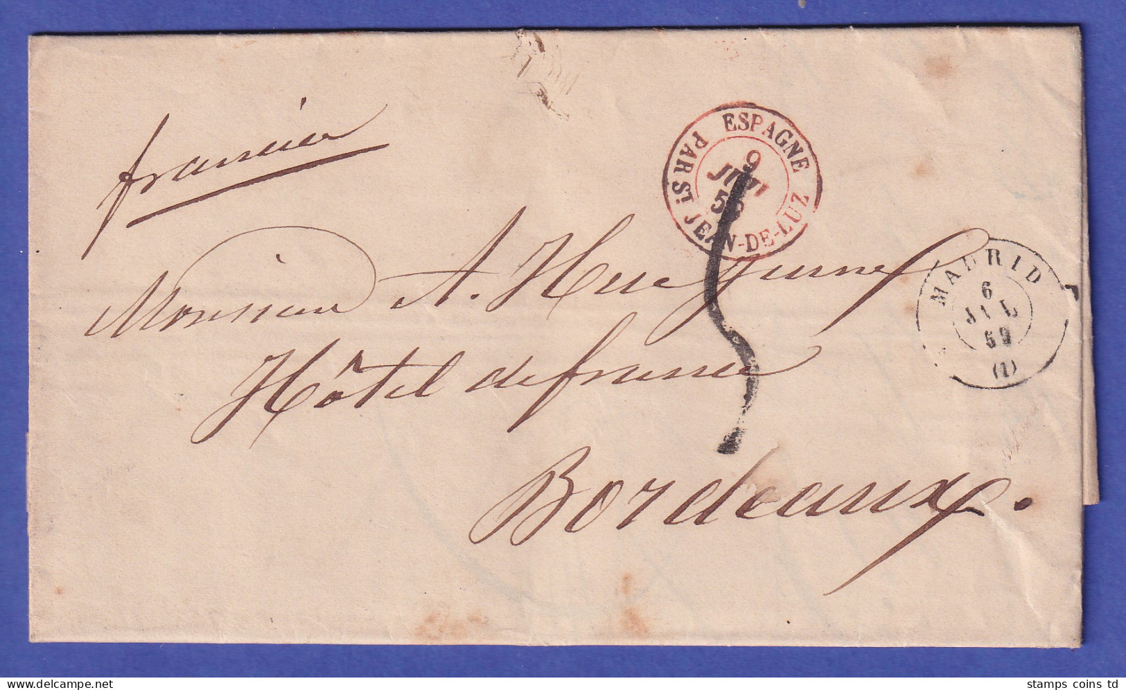 Spanien Brief Mit Zweikreis-O MADRID Und Beförderungs-O Nach Bordeaux 1859 - Europe (Other)