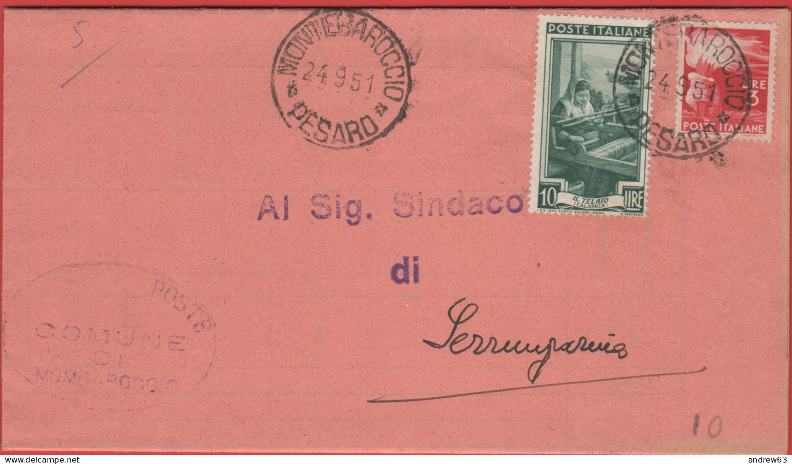 ITALIA - Storia Postale Repubblica - 1951 - 10 Italia Al Lavoro + 3 Democratica - Corrispondenza Tra Sindaci - Comune - - 1946-60: Poststempel