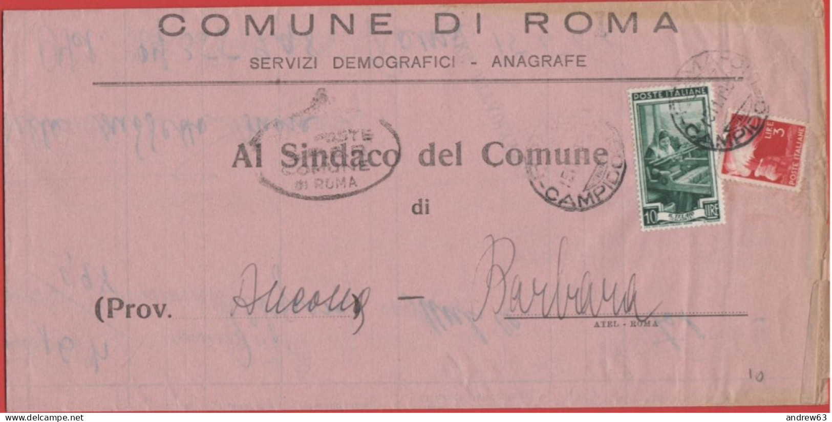 ITALIA - Storia Postale Repubblica - 1952 - 10 Italia Al Lavoro + 3 Democratica - Corrispondenza Tra Sindaci - Comune - - 1946-60: Poststempel