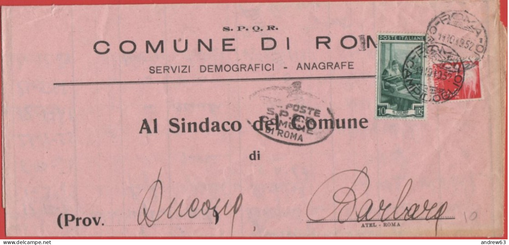 ITALIA - Storia Postale Repubblica - 1952 - 10 Italia Al Lavoro + 3 Democratica - Corrispondenza Tra Sindaci - Comune - - 1946-60: Marcophilia