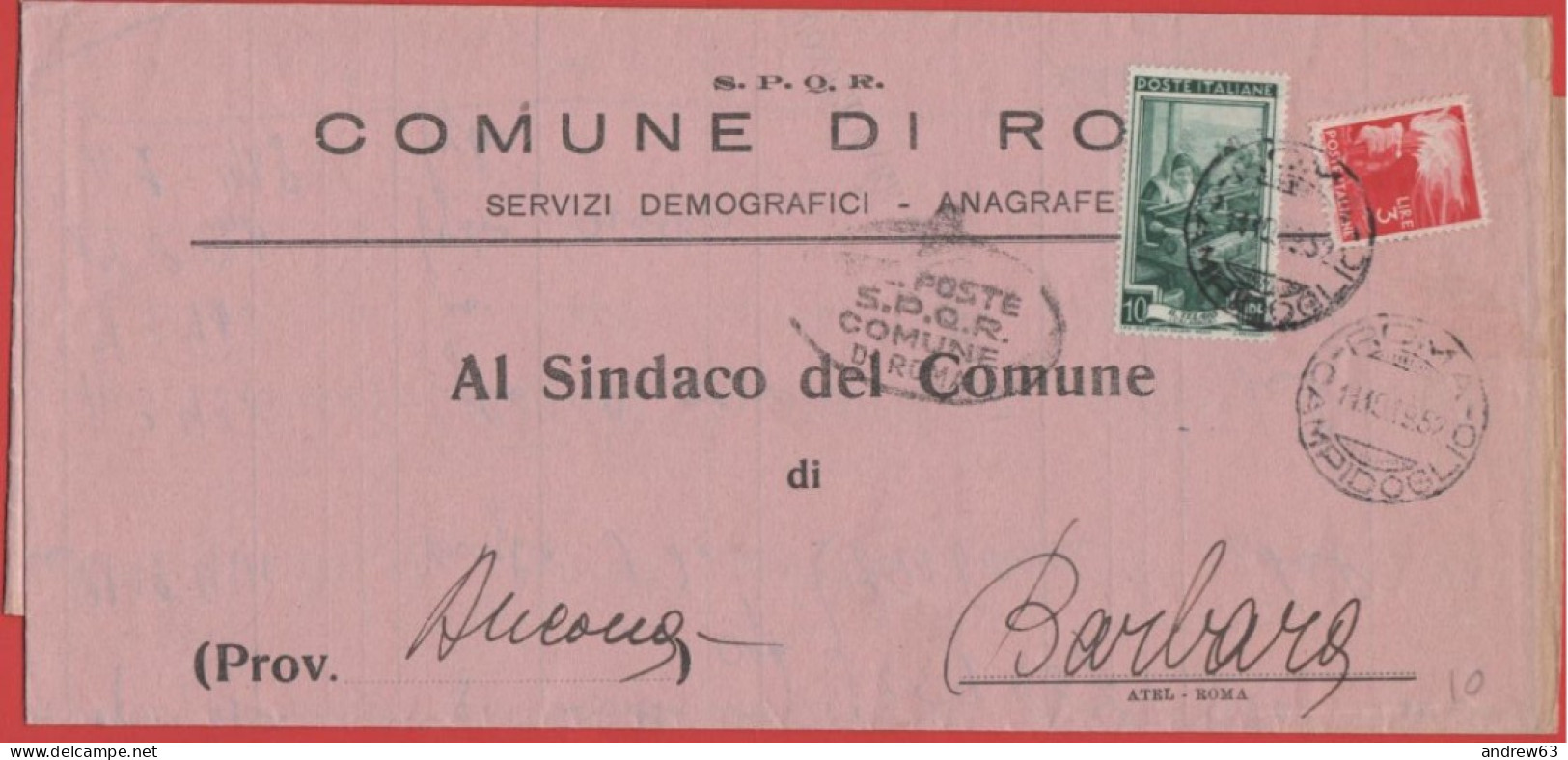 ITALIA - Storia Postale Repubblica - 1952 - 10 Italia Al Lavoro + 3 Democratica - Corrispondenza Tra Sindaci - Comune - - 1946-60: Marcophilia