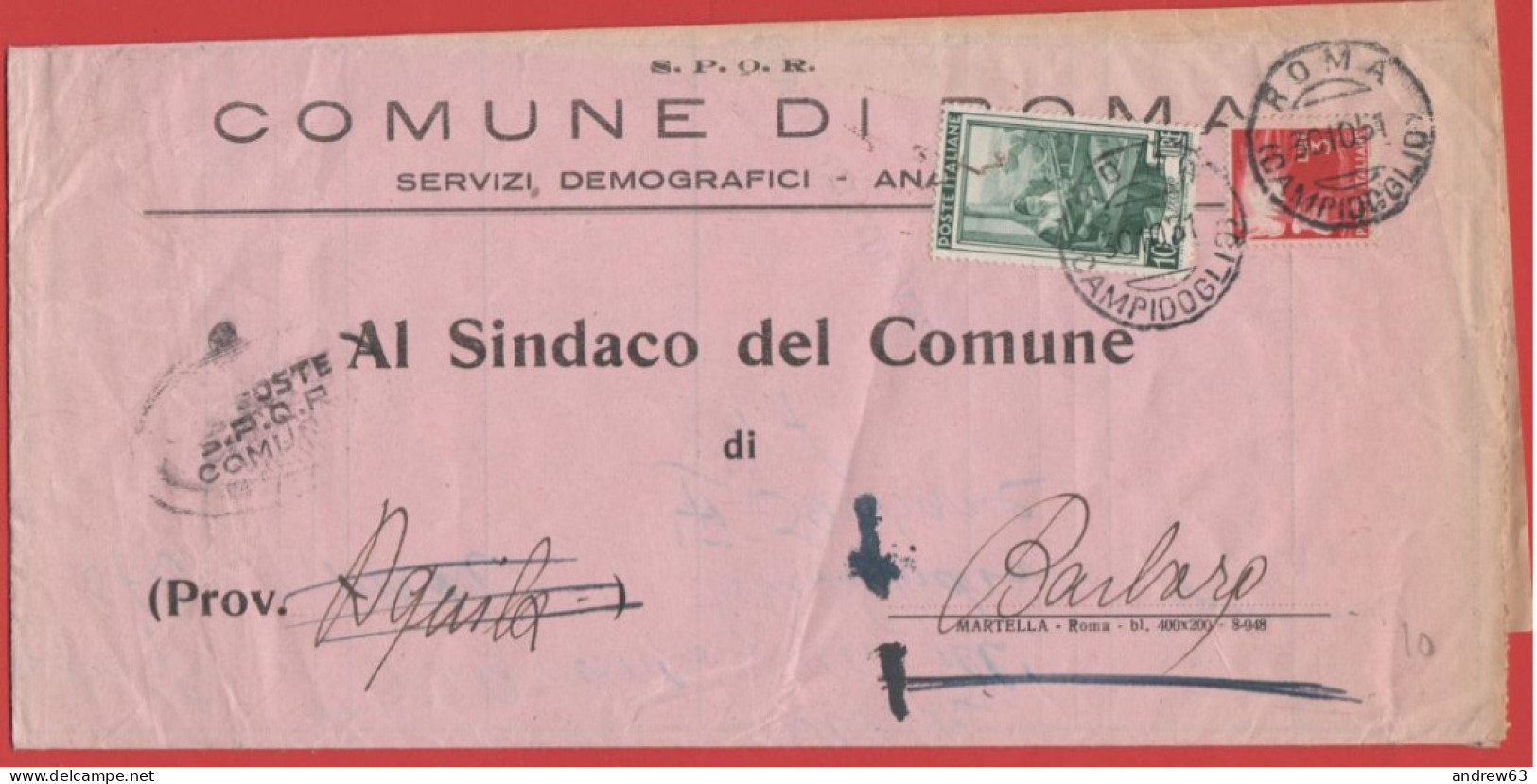 ITALIA - Storia Postale Repubblica - 1951 - 10 Italia Al Lavoro + 3 Democratica - Corrispondenza Tra Sindaci - Comune - - 1946-60: Marcophilia