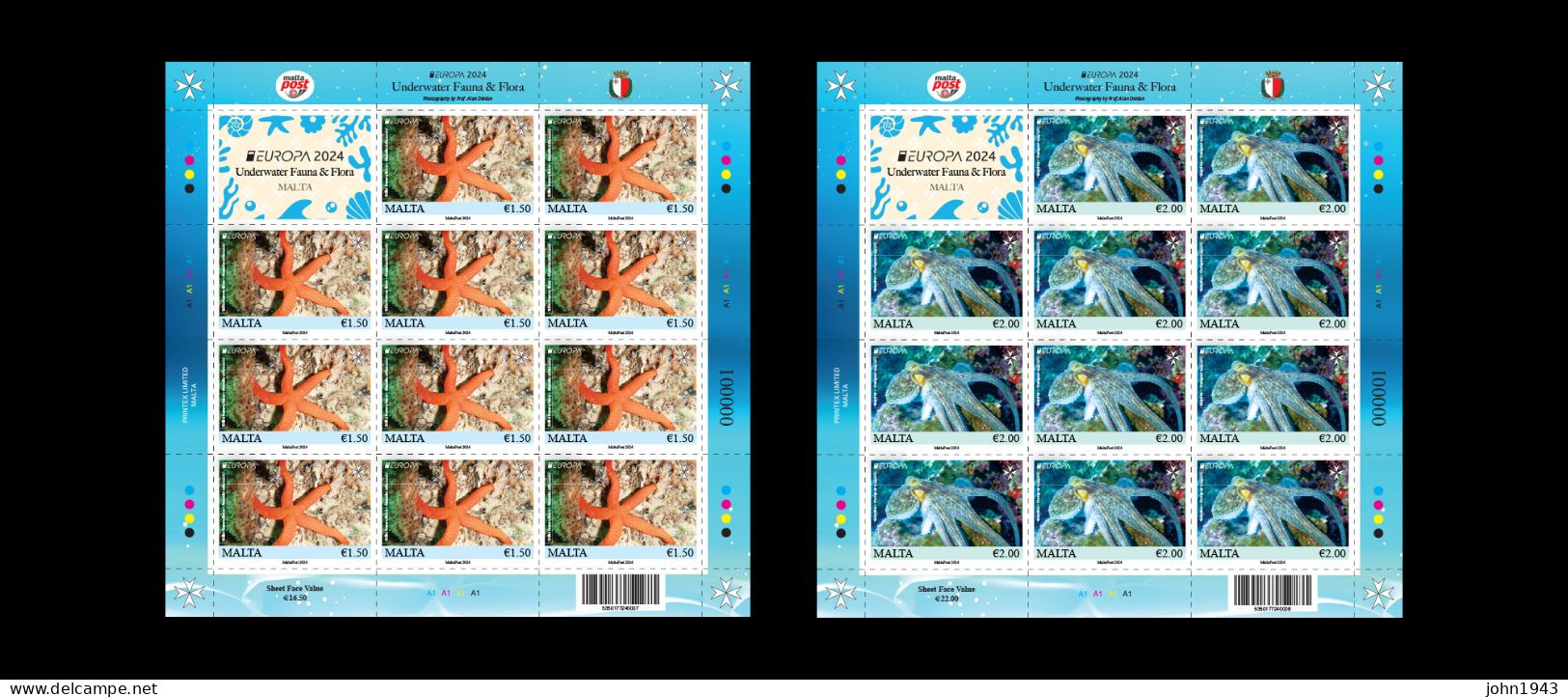 MALTA 2024 - EUROPA "Underwater Fauna & FLORA " TWO SHEETS Super Fine - Malta