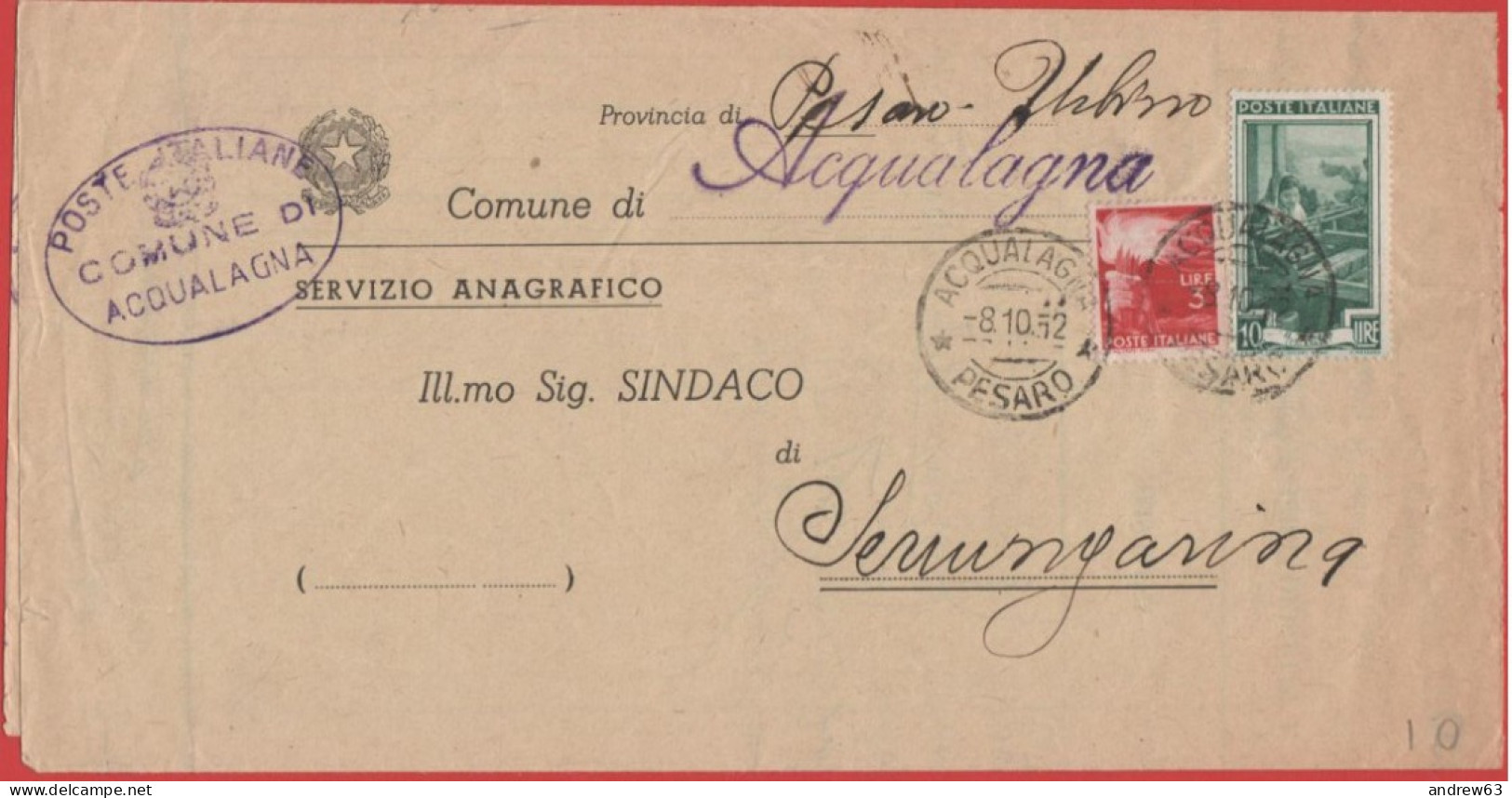 ITALIA - Storia Postale Repubblica - 1952 - 10 Italia Al Lavoro + 3 Democratica - Corrispondenza Tra Sindaci - Comune - - 1946-60: Marcophilia