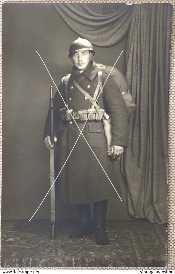 ABL Portrait D’un Soldat En Tenue De Campagne Casque Fusil Ceinturon Manteau Paquetage Photo Photobel Format CP 1920-30 - Krieg, Militär