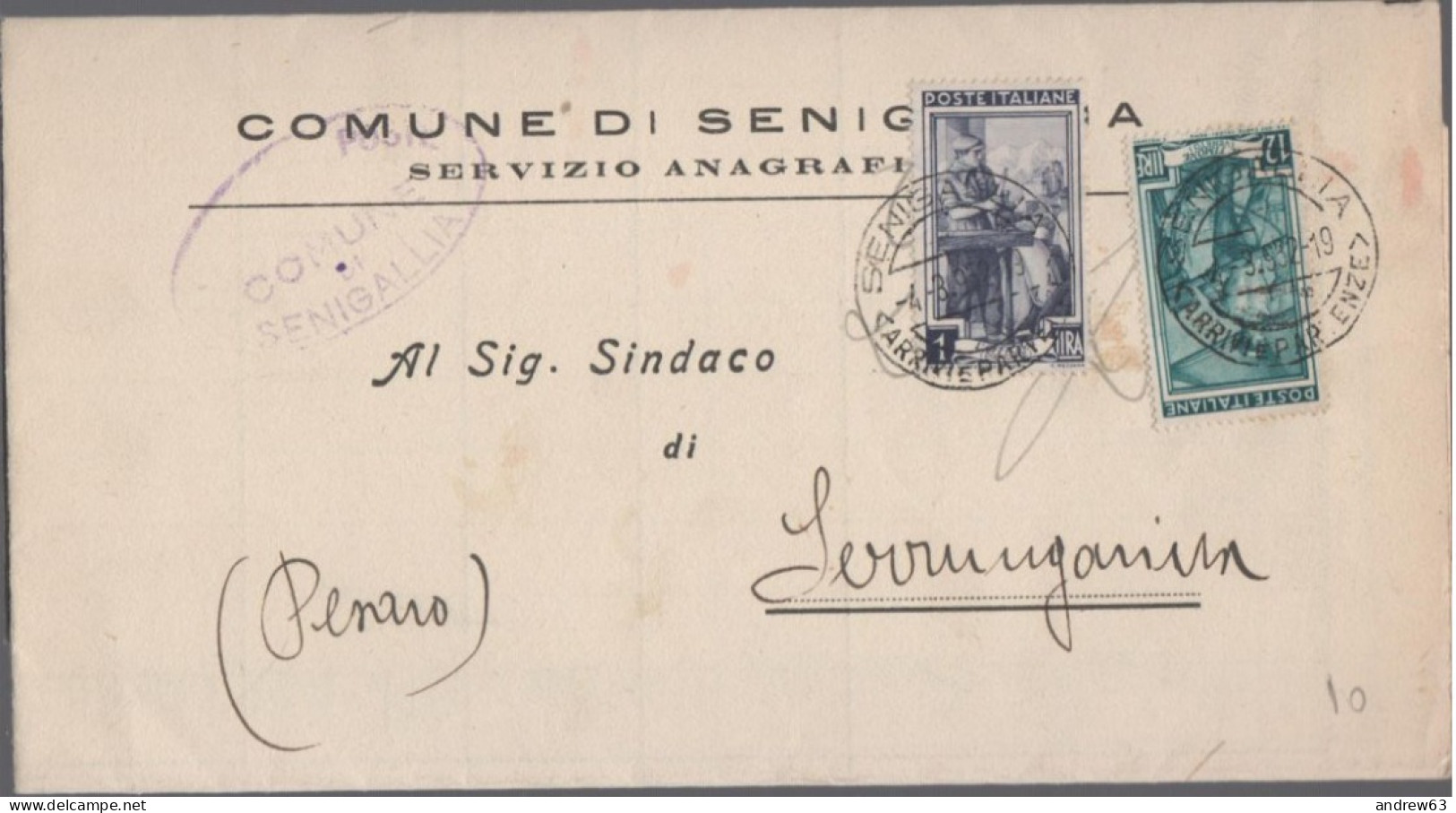 ITALIA - Storia Postale Repubblica - 1952 - 1 + 12 Italia Al Lavoro - Corrispondenza Tra Sindaci - Comune - Viaggiata Da - 1946-60: Marcophilia