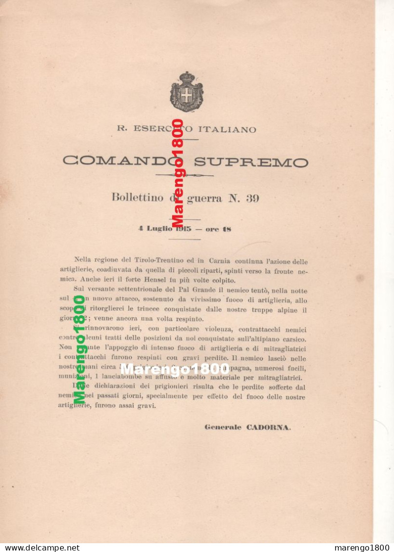 Italia 1915 - I GM - Bollettino Di Guerra - N. 39 - 4/7/1915        (m7) - Historische Dokumente