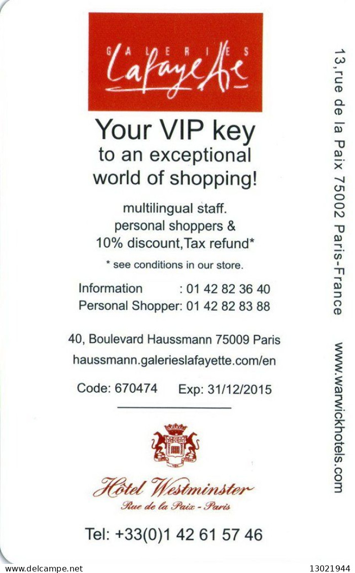 FRANCIA  KEY HOTEL   Hotel Westminster  - PARIS - Hotel Keycards