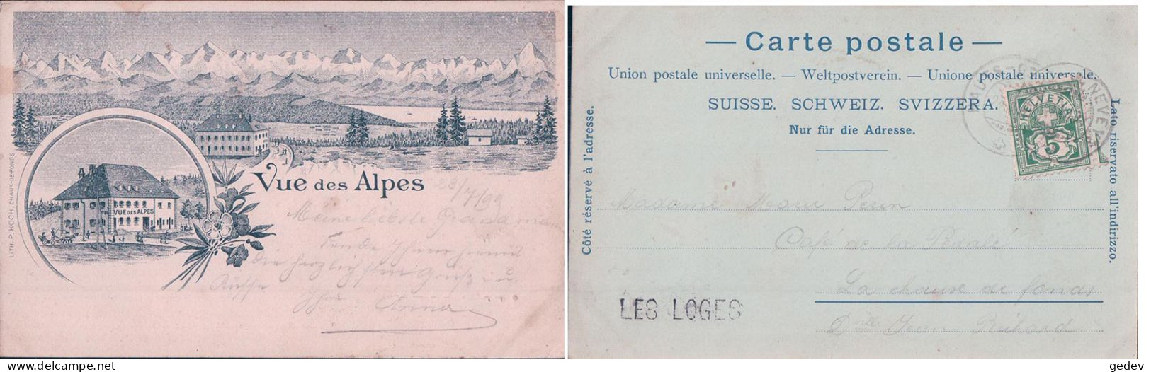 Vue Des Alpes, Hôtel Restaurant, Cachet Linéaire "LES LOGES" Litho (23.7.1899) - Altri & Non Classificati
