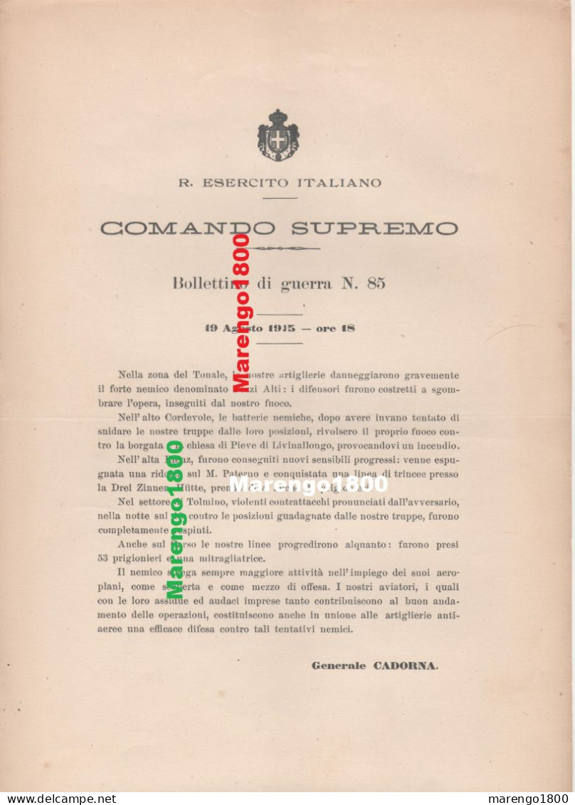 Italia 1915 - I GM - Bollettino Di Guerra - N. 85 - 19/8/1915        (m7) - Historische Dokumente