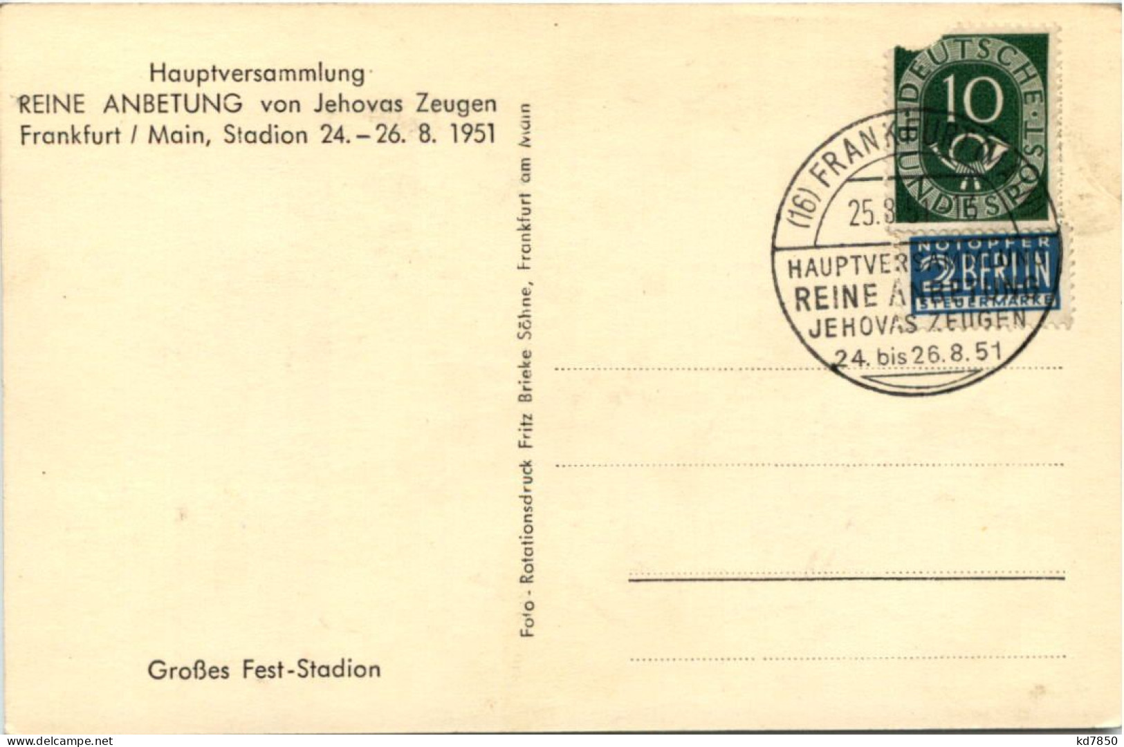 Frankfurt - Hauptversammlung Von Jehovas Zeugen 1951 - Frankfurt A. Main