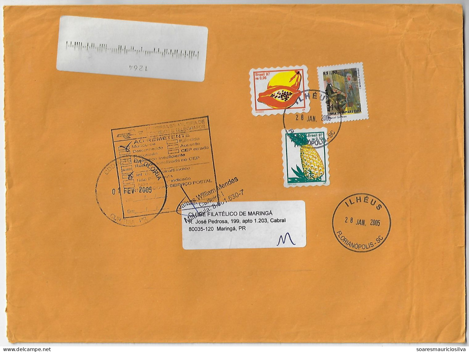 Brazil 2005 Returned Cover Florianópolis Ilhéus Agency Stamp Painting Cândido Portinari + Fruit Papaya Pineapple - Lettres & Documents
