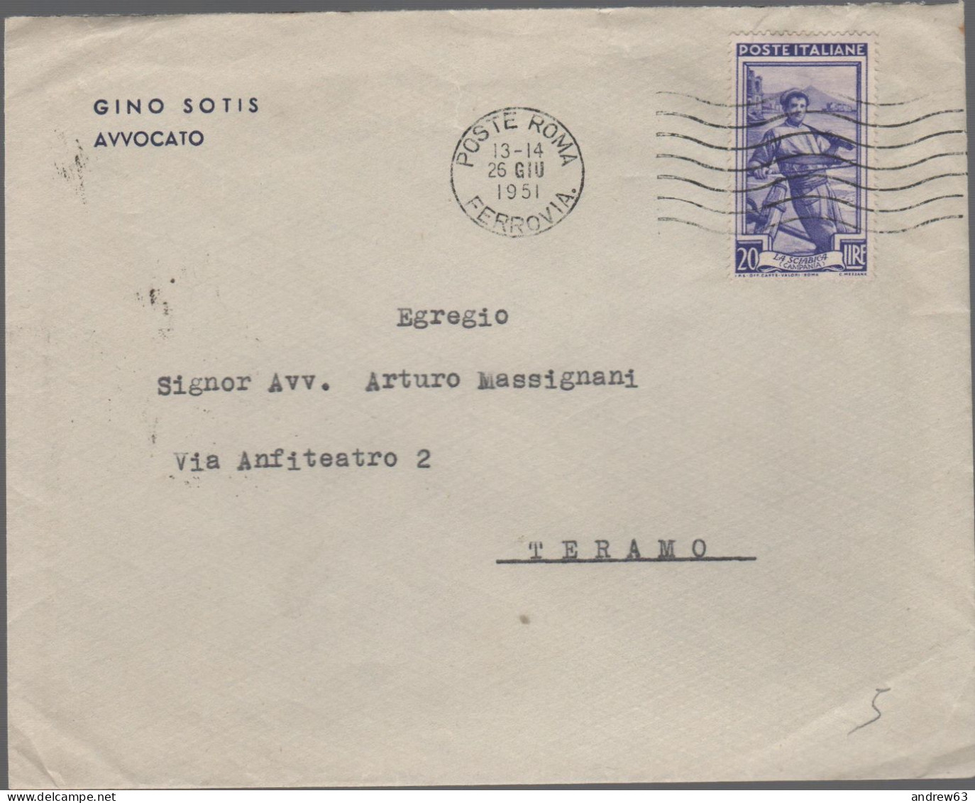 ITALIA - Storia Postale Repubblica - 1951 - 20 Italia Al Lavoro (Isolato) - Lettera - Avv. Gino Sotis - Viaggiata Da Rom - 1946-60: Marcofilie