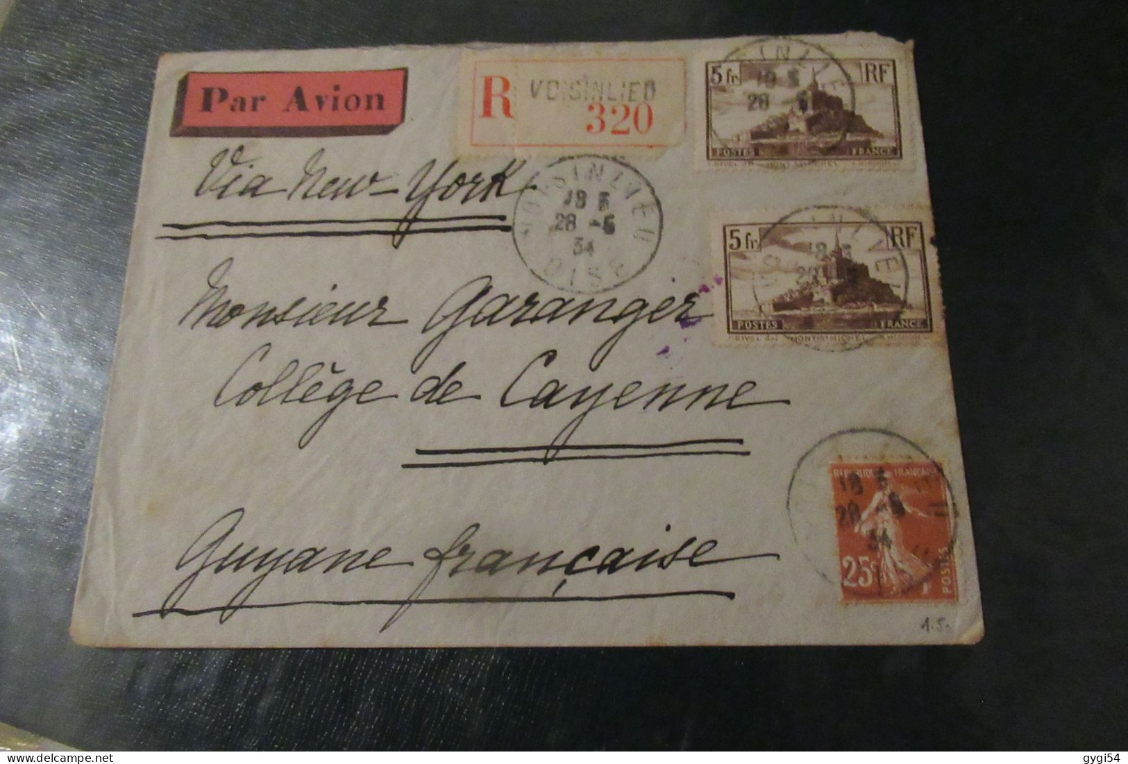 Via New - York Lettre Recommandée 28 06 1934 De VOISINLIEB POUR CAYENNE - Premiers Vols