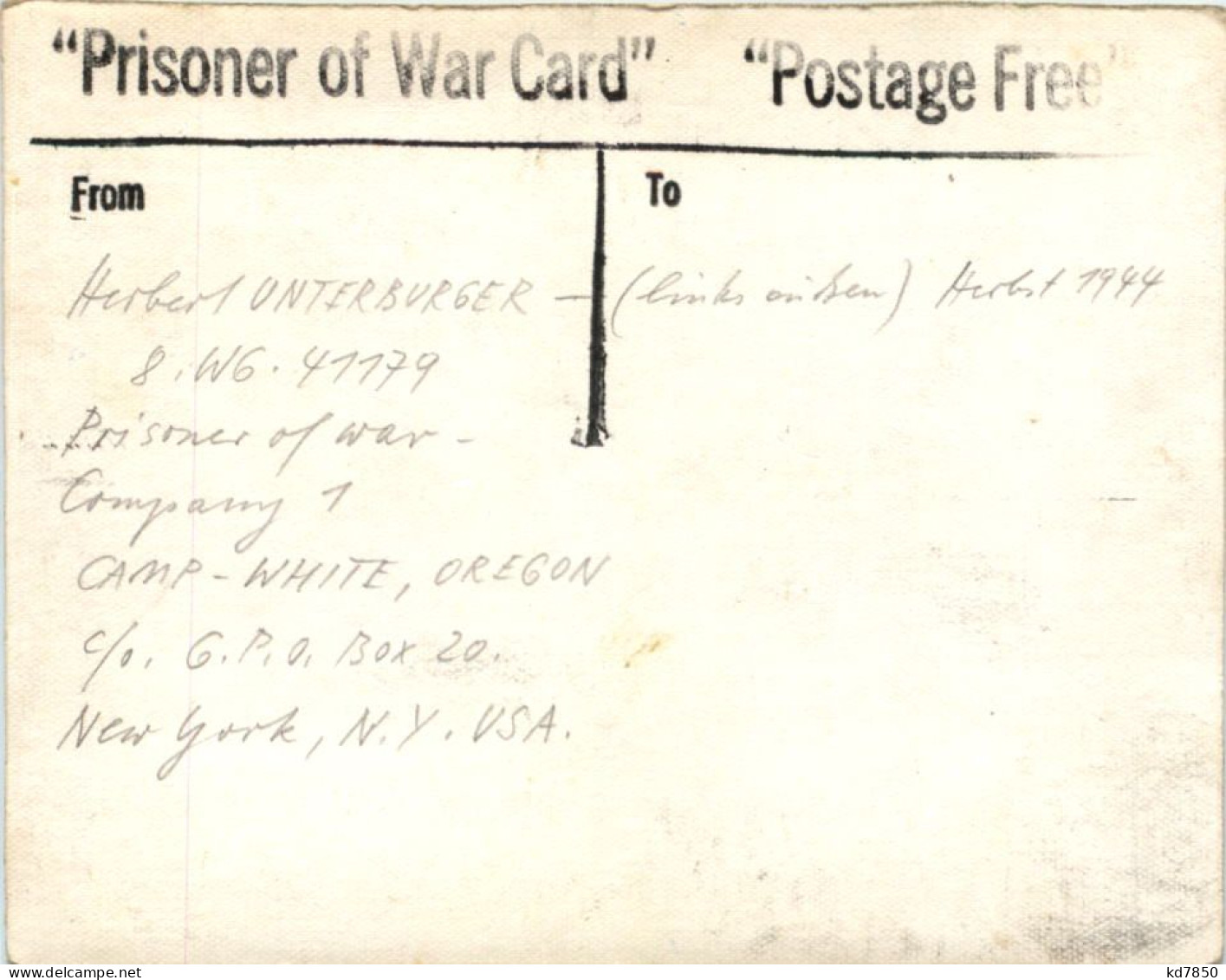Prisoner Of War Card 1944 - Guerre 1939-45
