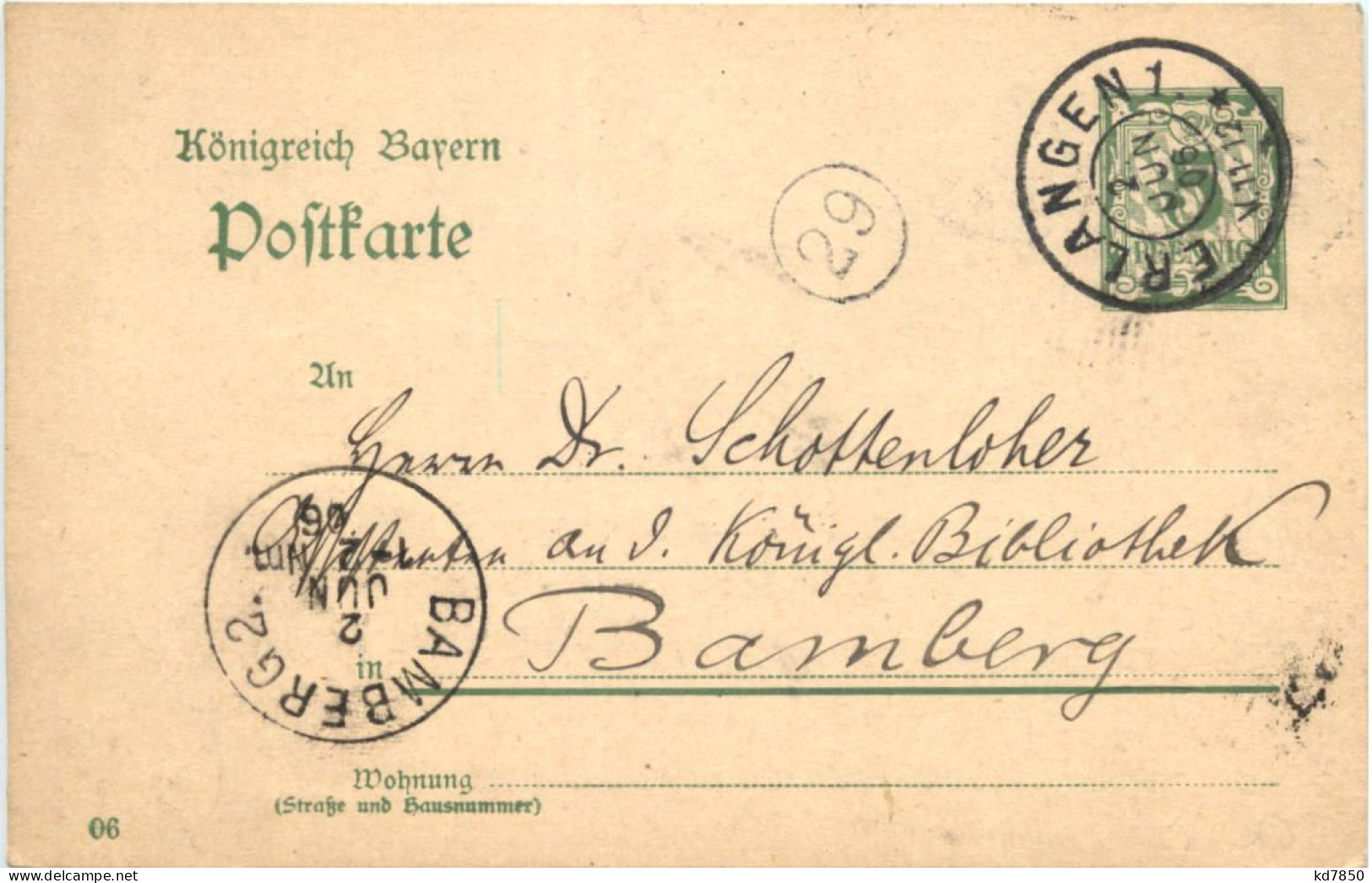Ganzsache Gelaufen In Erlangen 1906 - Autres & Non Classés