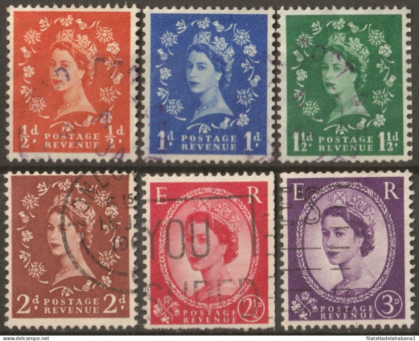 F-EX50263 ENGLAND UK GB 1958 USED QUEEN ELIZABETH WATERMARK SIDEWAYS.  - Used Stamps