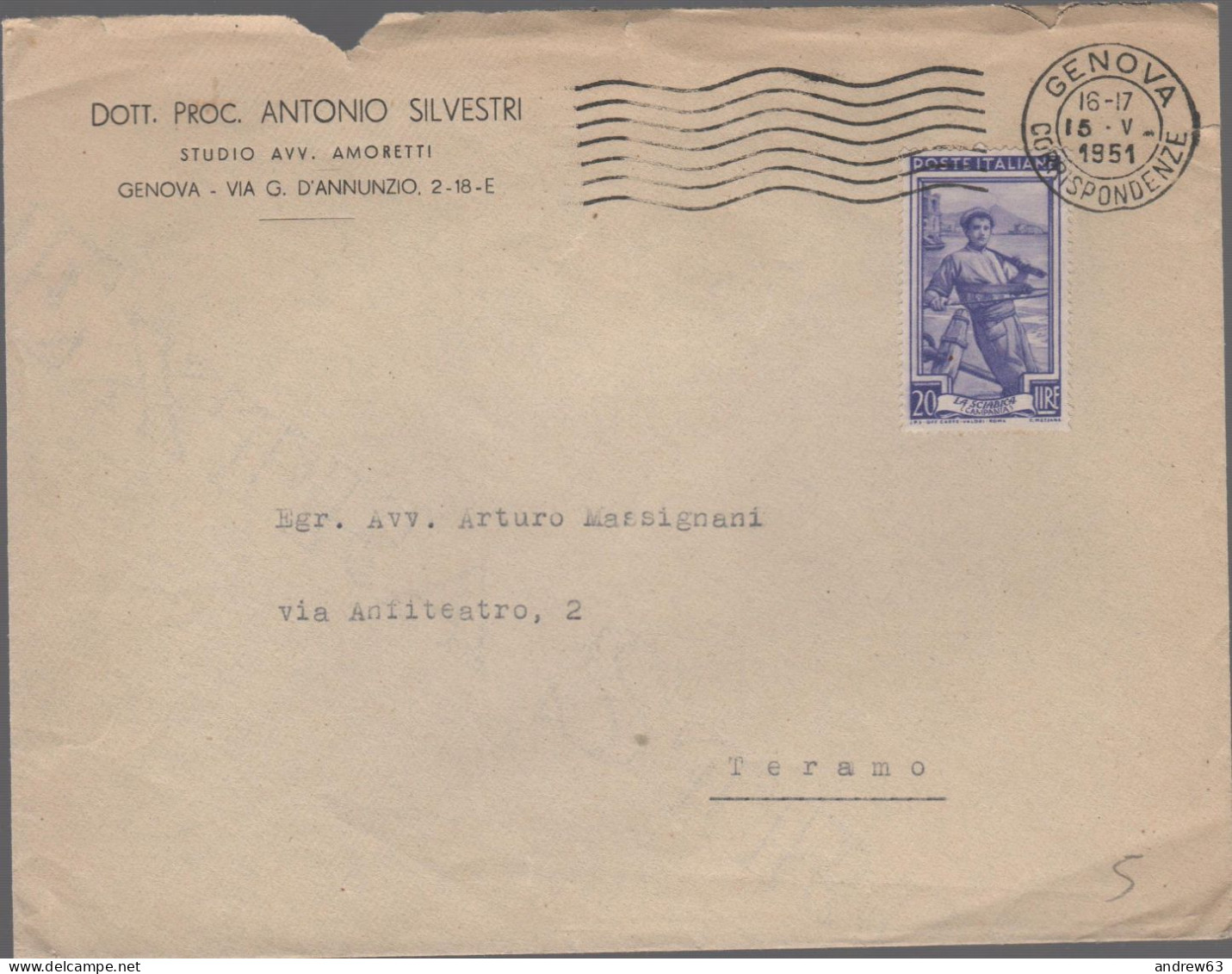 ITALIA - Storia Postale Repubblica - 1951 - 20 Italia Al Lavoro (Isolato) - Lettera - Avv. Antonio Silvestri - Viaggiata - 1946-60: Poststempel