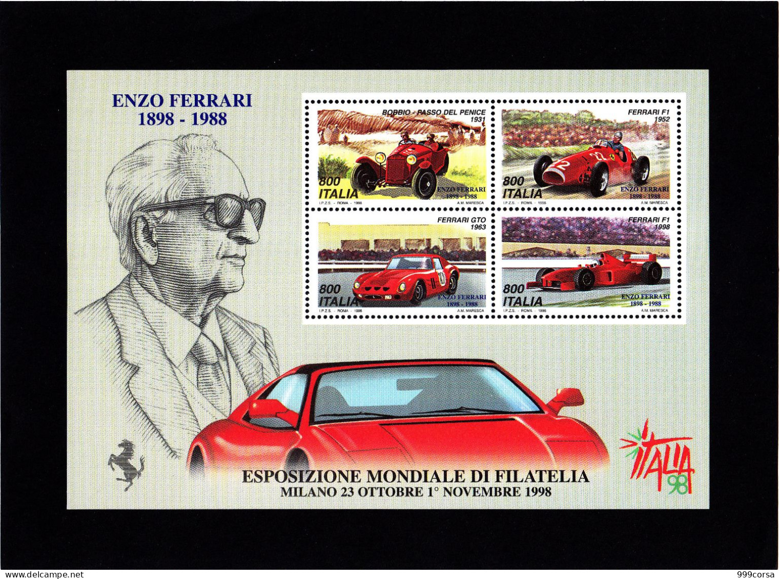 ITALIA 1998, Expo Mondiale Filatelia Italia '98, Foglietto Ferrari, Enzo Ferrari - Automobilismo