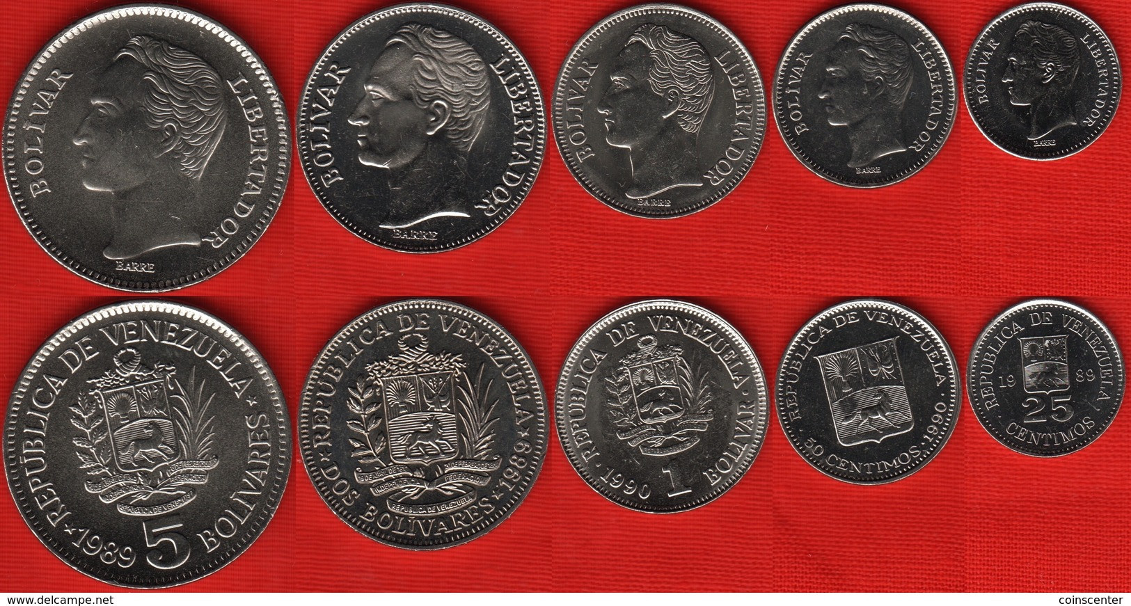 Venezuela Set Of 5 Coins: 25 Centimos - 5 Bolivares 1989-1990 UNC - Venezuela