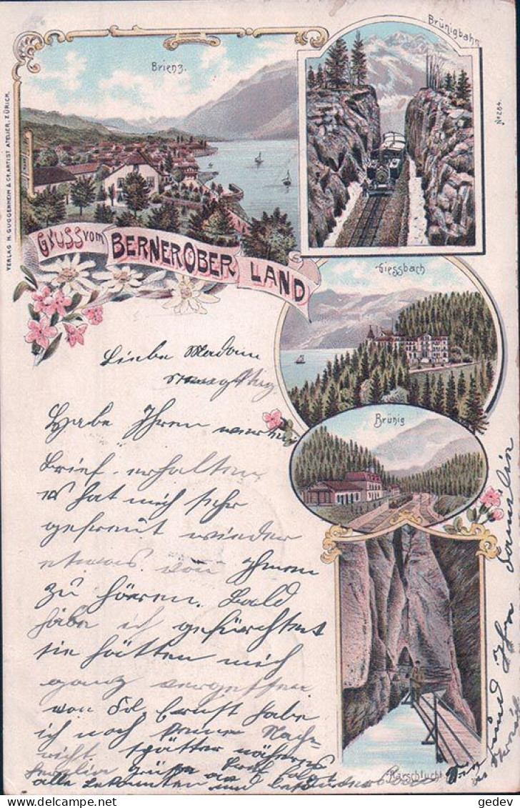 Gruss Vom Berner Oberland, Chemin De Fer, Train à Vapeur, Litho 5 Vues (6.7.1899) - Brienz