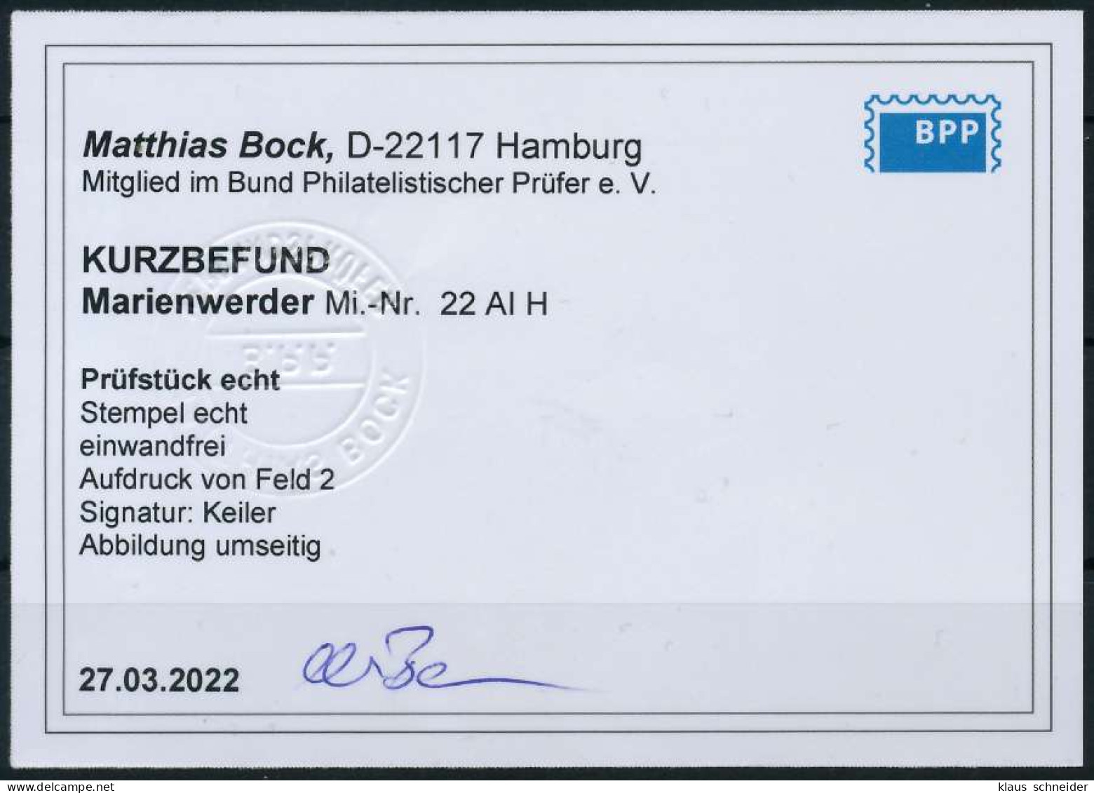 MARIENWERDER Nr 22AIH Zentrisch Gestempelt Briefstück ATTEST X49A4E6 - Otros & Sin Clasificación