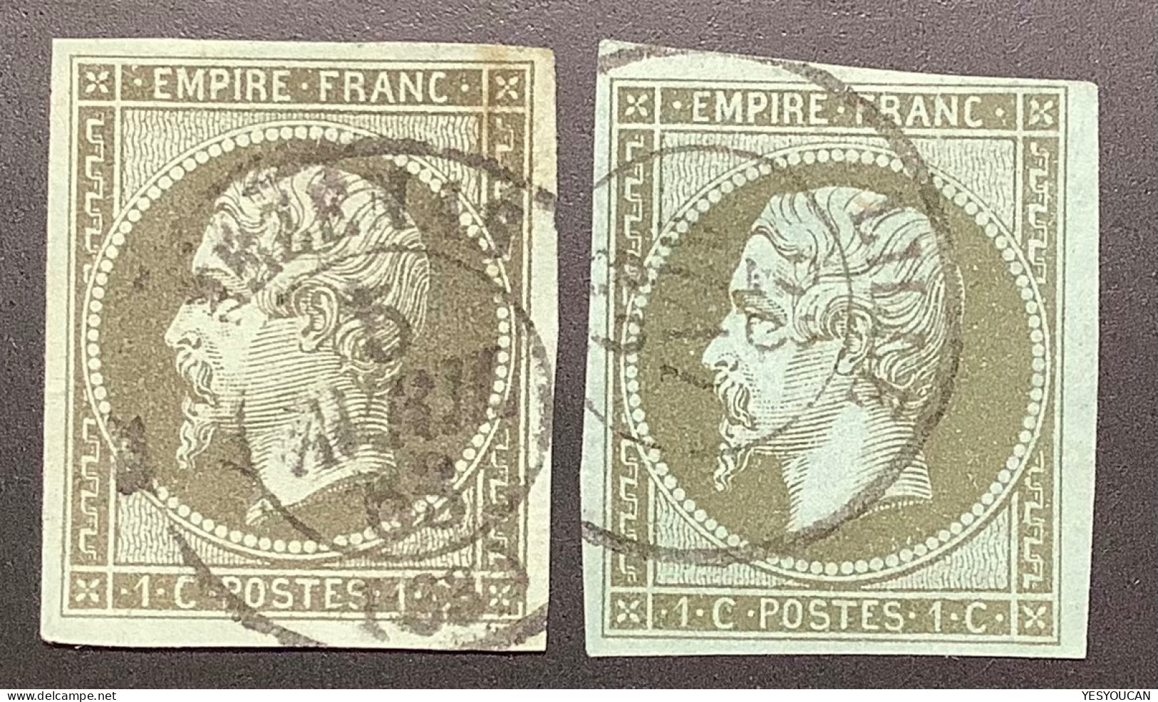 France #11a+11 Les Deux Nuances TTB 1860 Empire 1c Bronze Cad Pezenas 1863 Et 1c Olive Lille 1862 (Napoléon III - 1853-1860 Napoleon III