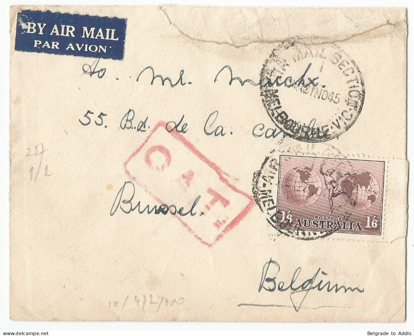 Australia Air Mail Cover Sent To Belgium With Red Boxed Cancel O.A.T. 1945 OAT - Poststempel