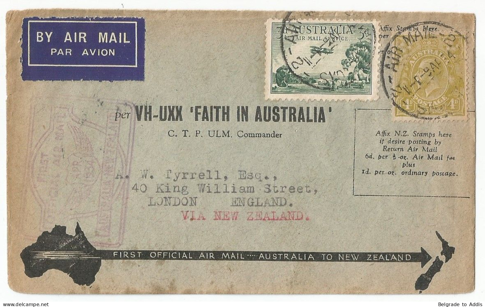 Australia Great Britain Cover To England Via New Zealand First Official Air Mail 1934 - Brieven En Documenten
