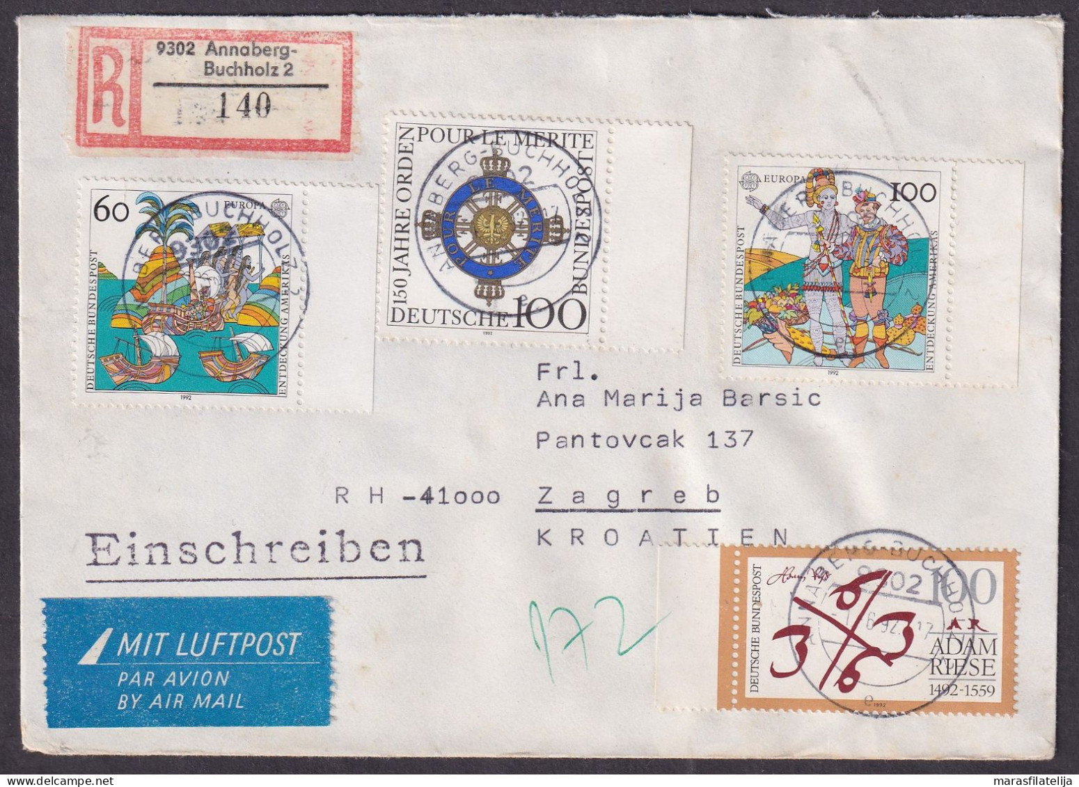 Germany 1992, Discovery Of America, Registered Letter To Croatia - Sonstige & Ohne Zuordnung